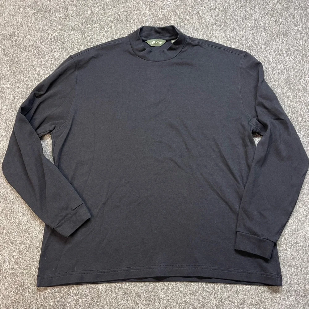 Vtg Orvis Mens Mock Neck Long Sleeve Shirt Black XL Cotton Knit‎ Pullover
